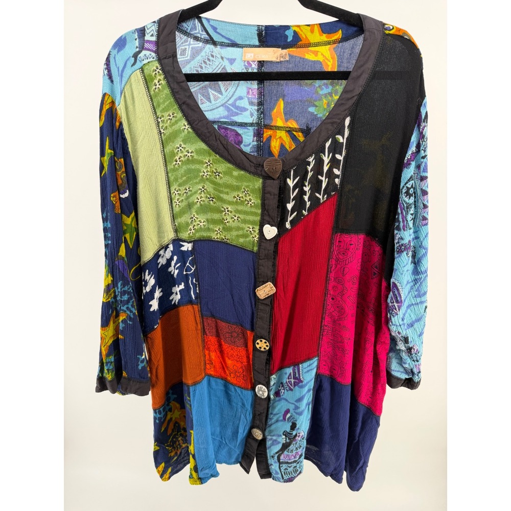 La Cera Patchwork Blouse Top Women's 3X Boho Colorful Buttons Lightweight Artsy